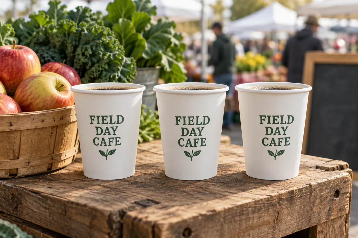 Three paper coffee cups with a green Field Day Cafe logo, filled with black coffee, on a wooden crate at a farmers market