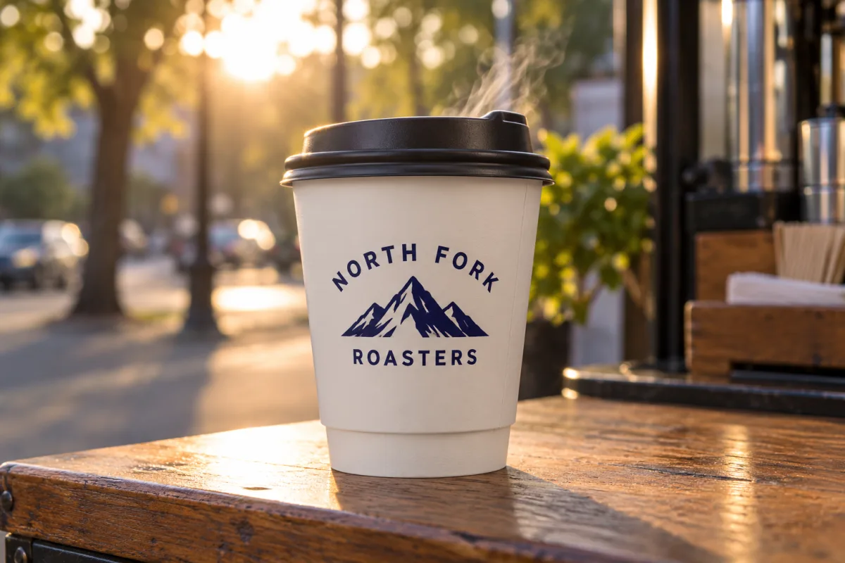 Custom printed 12 oz double wall paper coffee cup with a navy North Fork Roasters mountain logo and black lid on a coffee cart
