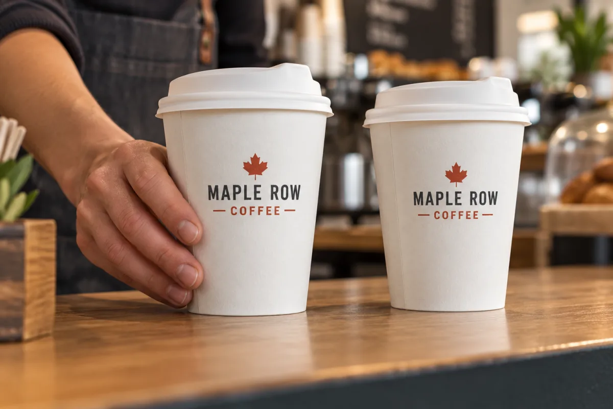 12 oz custom printed paper hot cups with a red Maple Row Coffee logo and white lids on a coffee counter