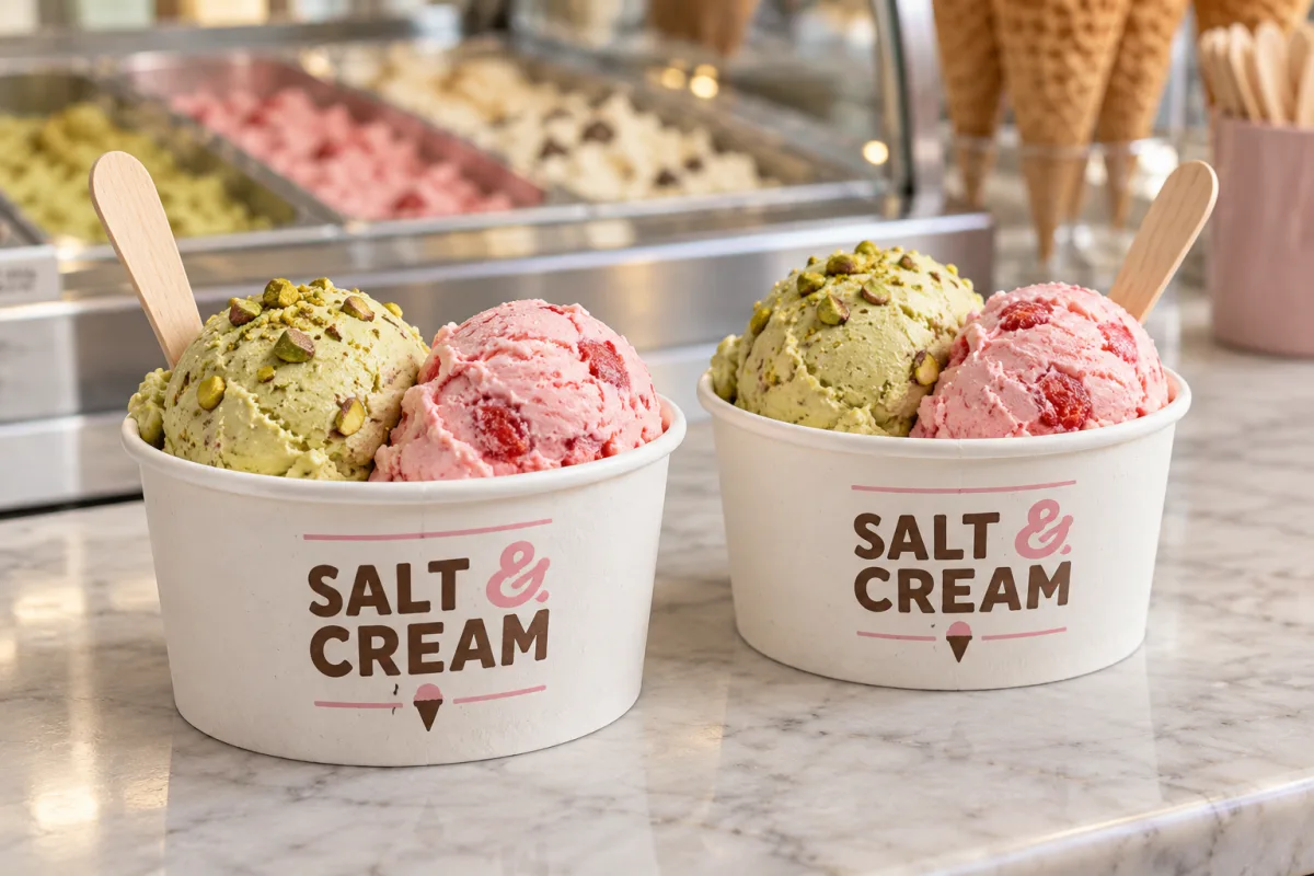 Two custom printed paper ice cream cups with a Salt & Cream logo, filled with pistachio and strawberry scoops at a gelato counter