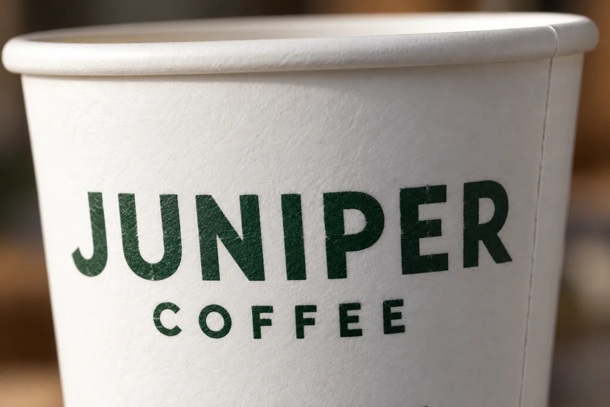 Close-up of a dark green Juniper Coffee logo printed on a white single wall paper cup