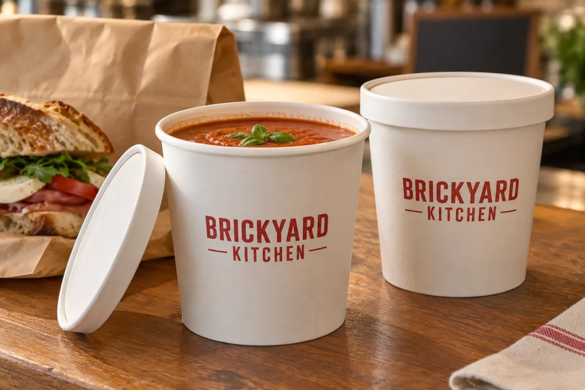 Custom printed paper soup containers with a red Brickyard Kitchen logo, one open with tomato soup, beside a sandwich