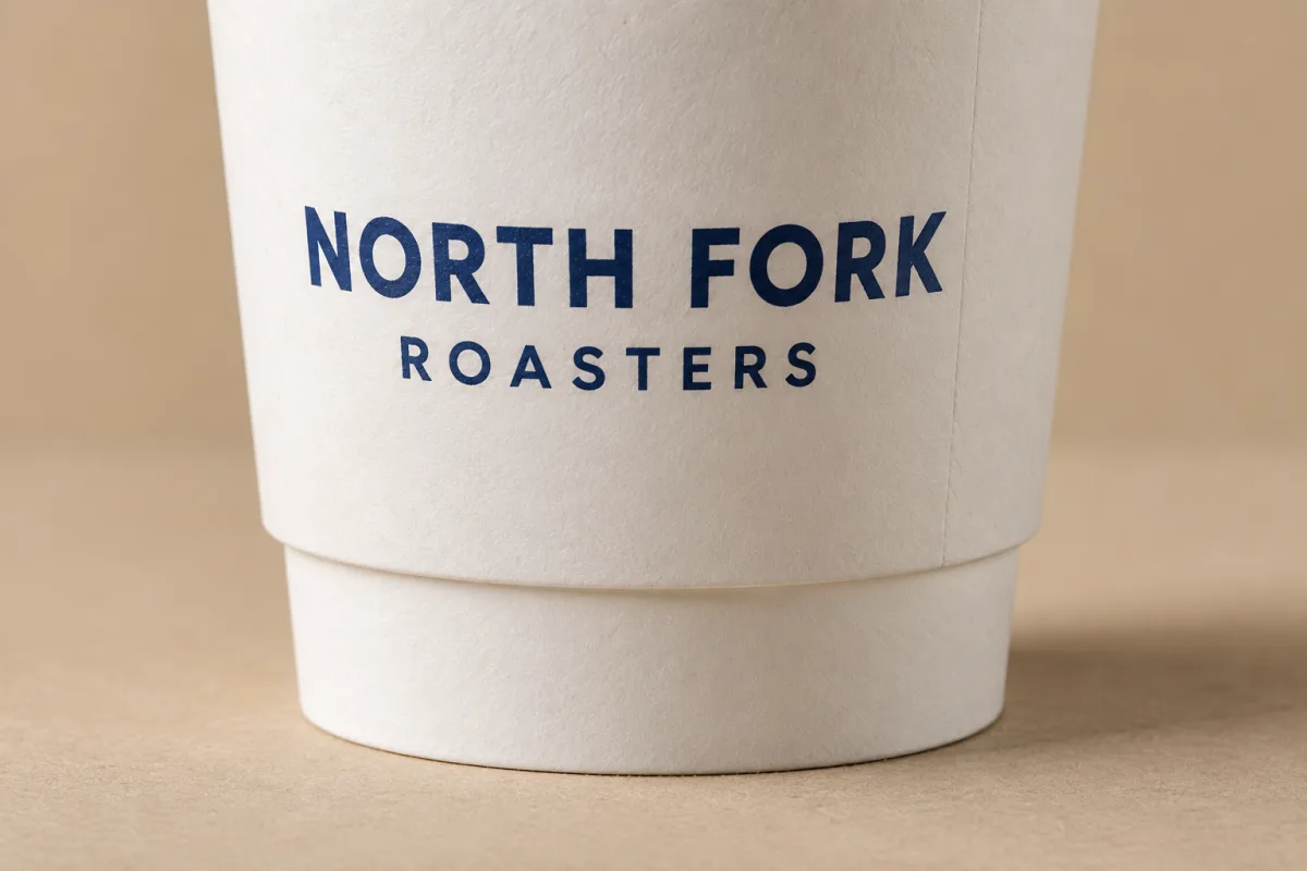 Close-up of a double wall paper cup showing the stepped outer wall and a navy North Fork Roasters print