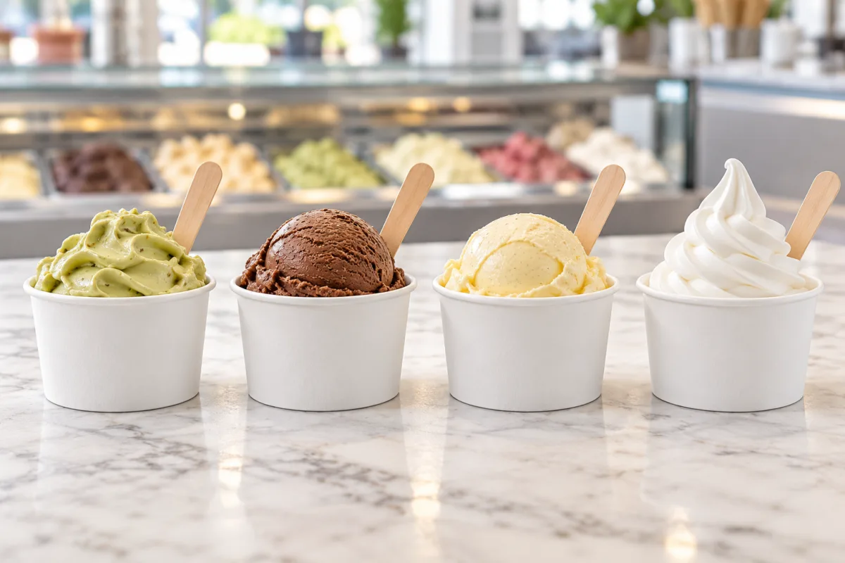Gelato vs ice cream, frozen custard and frozen yogurt, one serving each in four plain white 8 oz paper ice cream cups