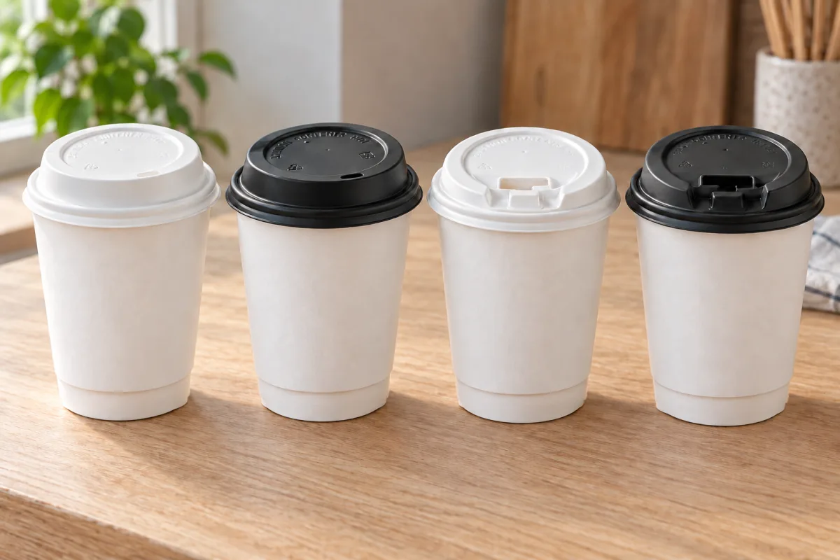 White and black dome sipper lids and hinged tab lids on white paper hot cups