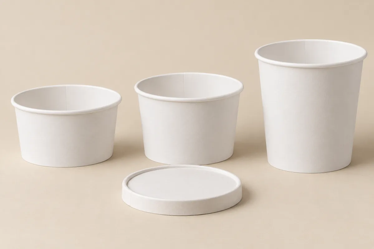 8, 12 and 16 oz white paper soup containers with a matching paper lid